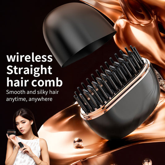 Wireless straight hair comb with a woman using it on a dark background